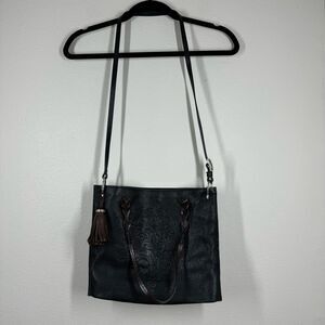 Brighton Black Leather Embossed Shoulder & Cross Body Bag Brown Handles Tassle